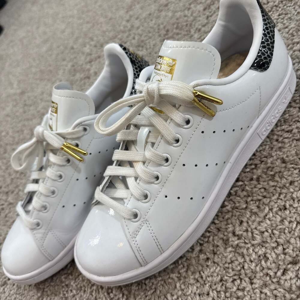 Adidas Stan Smith Womens 8 White Gold Snake Heel Tab Leather Sneakers EUC